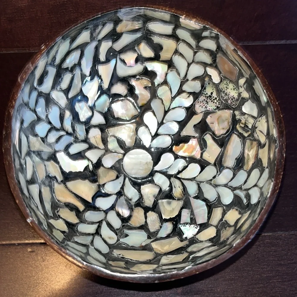 Natural Coconut Shell Bowl Key Storage Bowl Candy Black mother of pearl Inlay